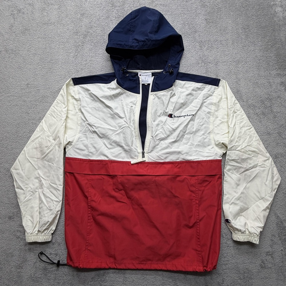 Champion Anorak Windbreaker Jacket Mens Medium‎ Navy Red White Hooded 1/4 Zip